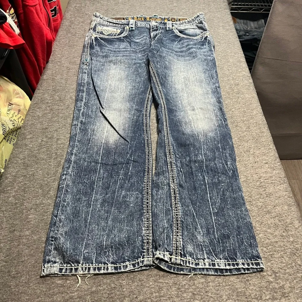 Rock Revival Rondel Straight Jeans Mens 36x33 Blue Acid Wash Embroidered Teal